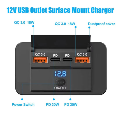 4 Ports Dual PD Dual QC 3.0 USB Car Charger with Switch 96W Quick Charging Socket USB Power for 12V/24V Car Boat Bus RV Truck