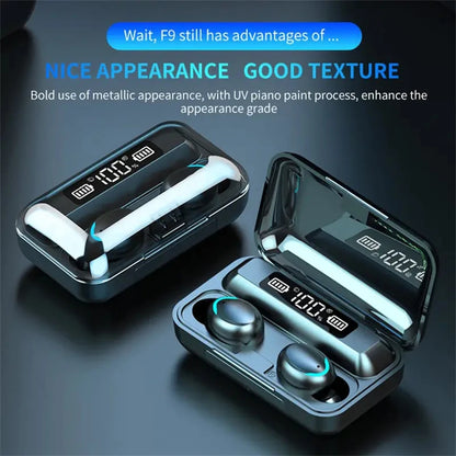 F9 TWS Bluetooth Wireless Game Earbuds with Digital Display Large Capacity Charger Portable Headphones for Gaming
