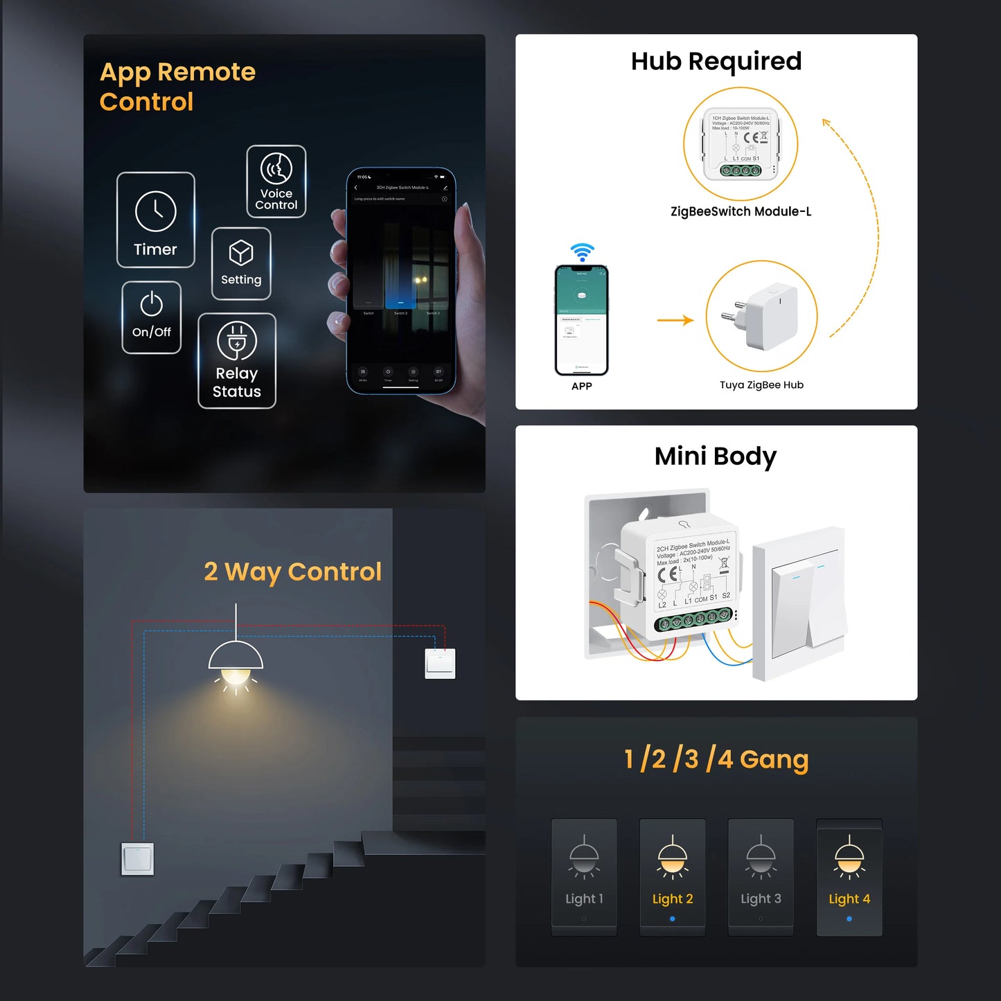 GIRIER Tuya ZigBee Smart Switch Module No Neutral Wire Required 1/2/3/4CH DIY Smart Breaker Relay Supports 2-way Control Alexa