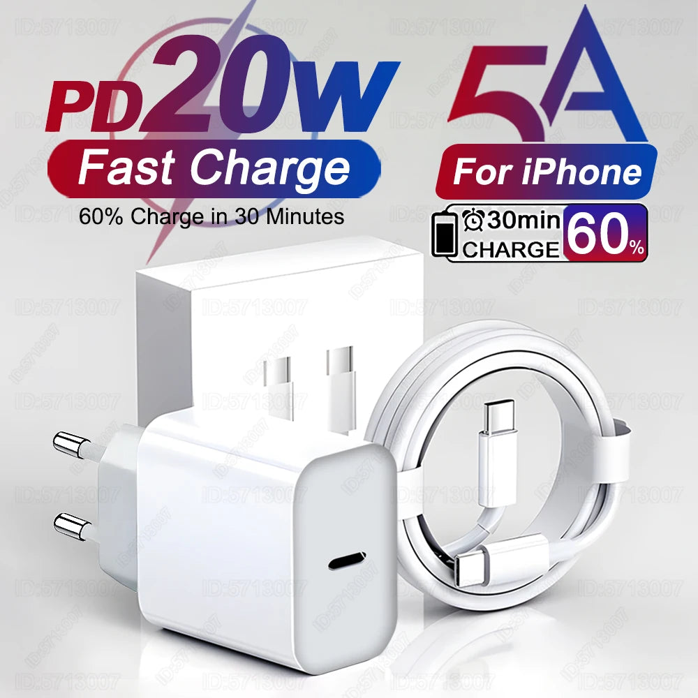 20W USB C PD Charger Quick Charge 3.0 USB Type C Phone Chargers Cable Fast Charging Adapter For iPhone 16 15 14 13 12 11 Pro Max