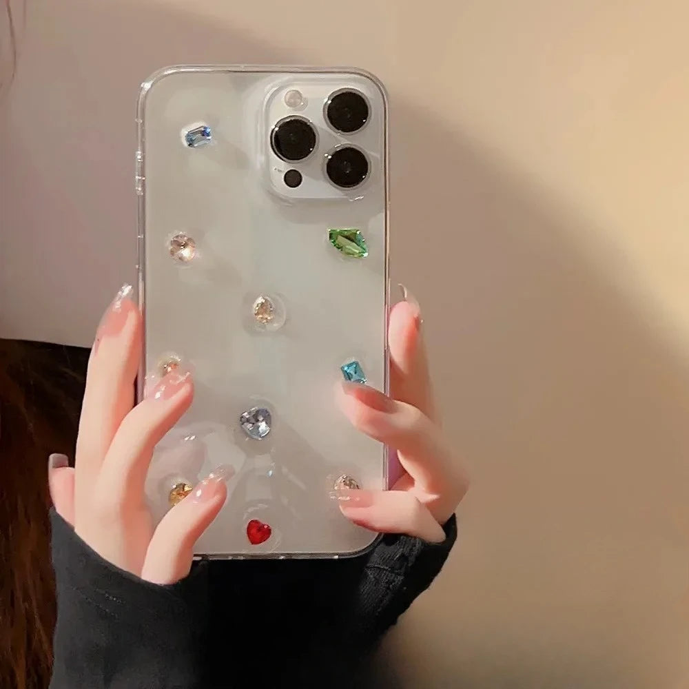 3D Cartoon Cute Color Gemstones Rhinestones Phone Case For iPhone 17 16 15 14 17 13 12 11 Pro Max Bling Glitter Clear Back Cover