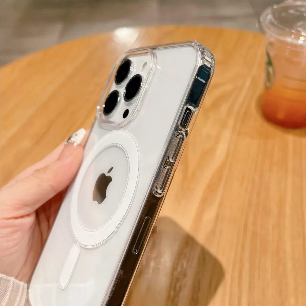 For Magesafe Magnetic Transparent Wireless Charge Case For iPhone 11 12 13 14 15 16 Pro Max Plus Mini Shockproof PC Cover