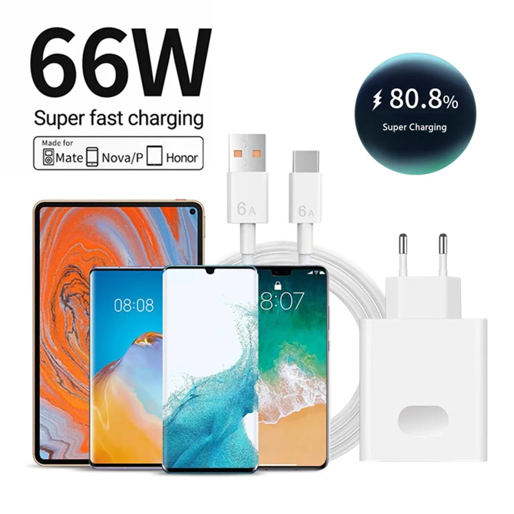 Quick Charge 3.0 USB Charger 66W 6A Super Fast Charging Phone Charger Adapter USB Type C Cable for Huawei Mate 40 50 60 P50 P60