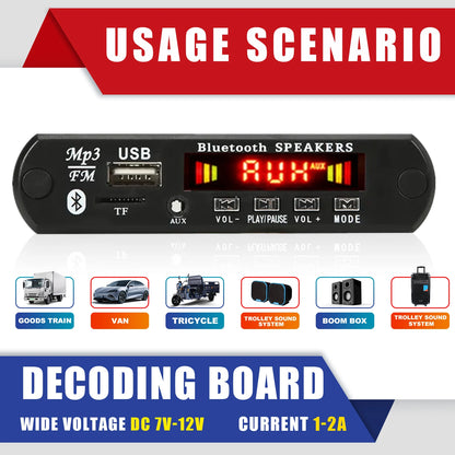 Car DIY 5.0 Bluetooth MP3 WAV Decoder Board DC 12V Wireless USB MP3 Music Player TF Card Slot FM AUX with Mic Handsfree control
