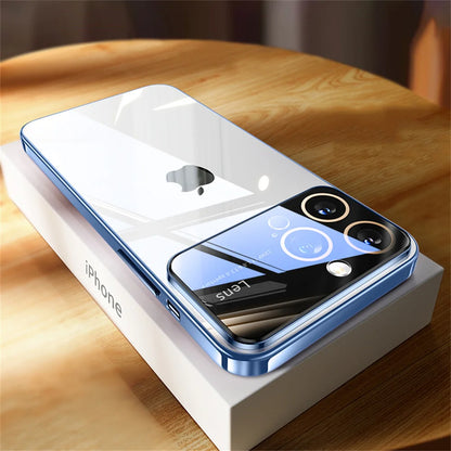 Luxury Original Plating Clear Phone Case For iPhone 15 13 12 14 Pro Max Large Window Full Lens Protection Shockproof Cover Funda