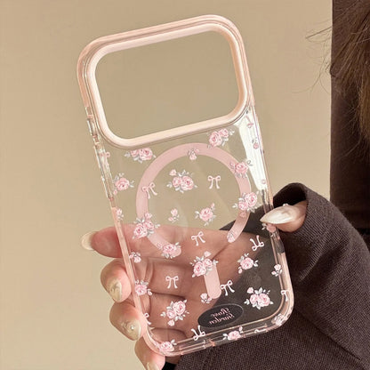 Korean Full Screen Pink Rose Flowers Magnetic Phone Case For iPhone