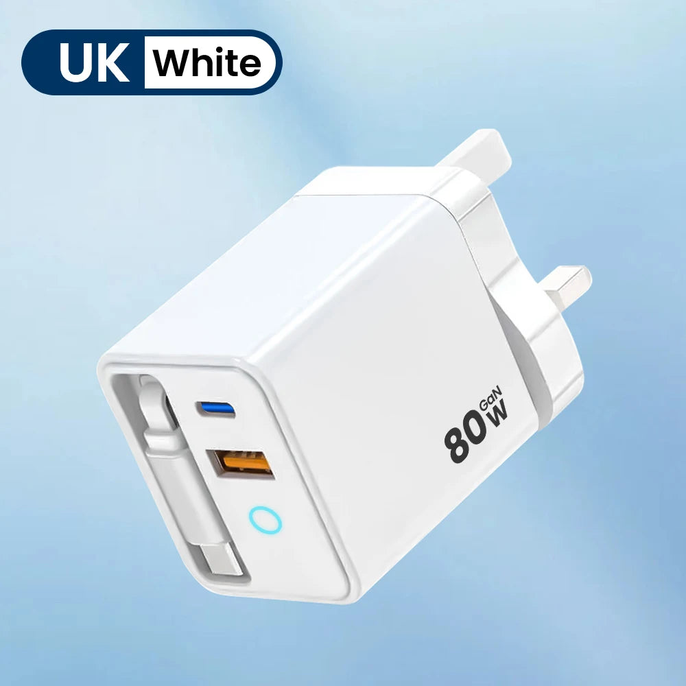 Elough 80W USB Type C Charger with Retractable Cable PD Fast Charging For iPhone 16 Laptop Macbook Phone cargador carga rápida