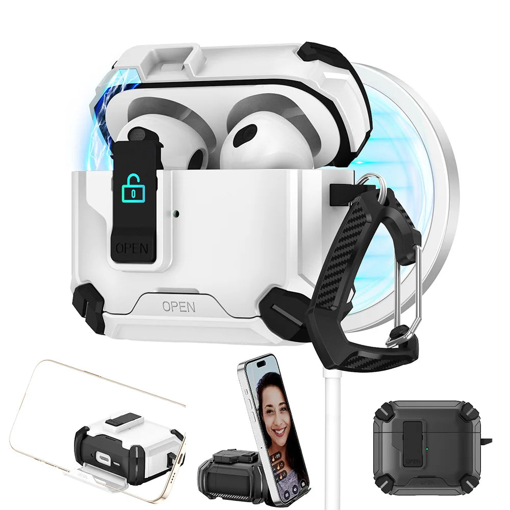 Safety Lock with Magnetic Closure Earphone Case for Airpods Pro 3 & Airpods 1/2/3/4/Pro Elastic Cover Use As Mobile Phone Holder