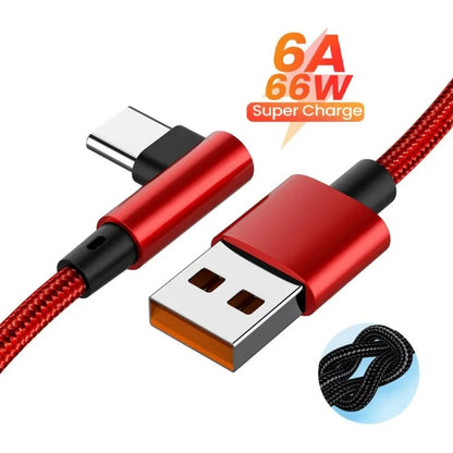 66W 6A USB C 90° Right Angle Cable For Xiaomi Fast Charging Cord for Honor Huawei OnePlus Realme Angled Data Wire Nylon
