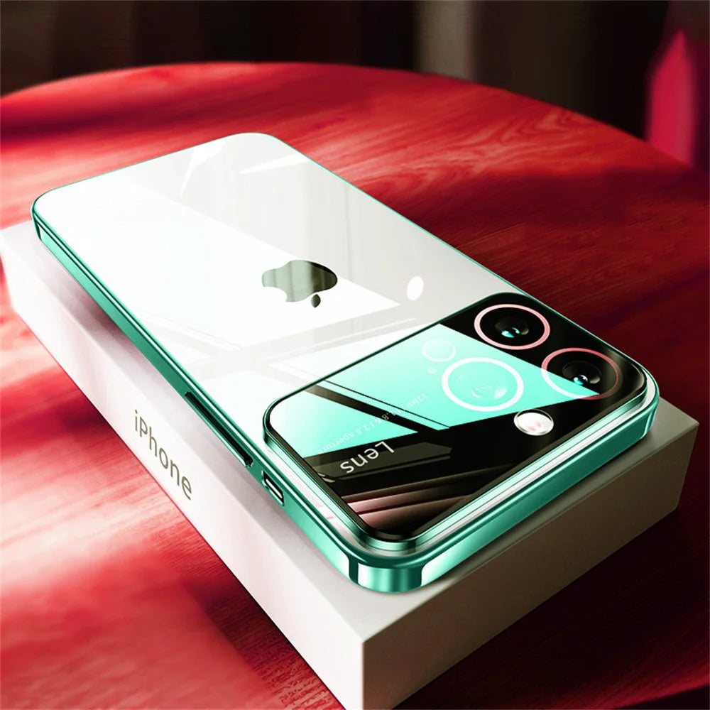 Luxury Original Plating Clear Phone Case For iPhone 15 13 12 14 Pro Max Large Window Full Lens Protection Shockproof Cover Funda