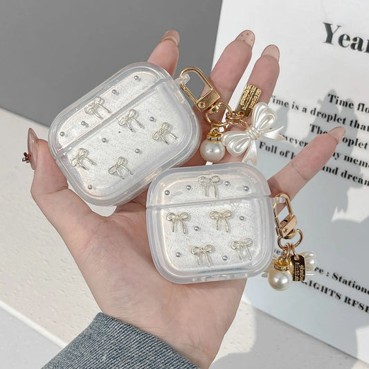 Fashion 3D Bowknot Glitter Earphone Case for AirPods Pro3/Pro2/Pro Shockproof Case for AirPods 4/3/2/1 with Pearl Bow Keychain
