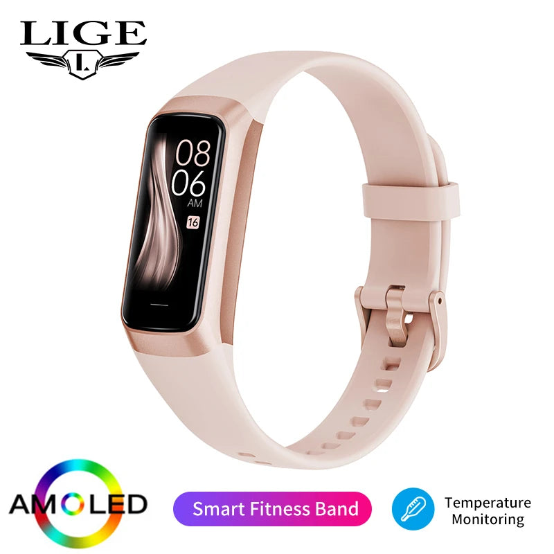 LIGE New Smart Fitness Band Men Women AMOLED Clock Temperature Blood Oxygen Pressure Smartwatch Waterproof Watch For IOS Android
