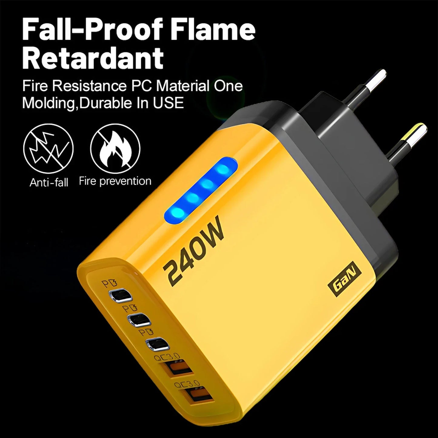 5 in 1 GaN Desktop Charger 240W Fast Charging Adapter 10A USB To TypeC Cable 3PD 2 USB Charger For IPhone 16 15pro Laptop