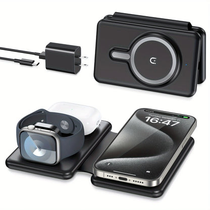 Cell Phone Wireless Charger - 3-in-1 Travel Charging Station for Multiple Devices, Portable Foldable Magnetic Charging Pad