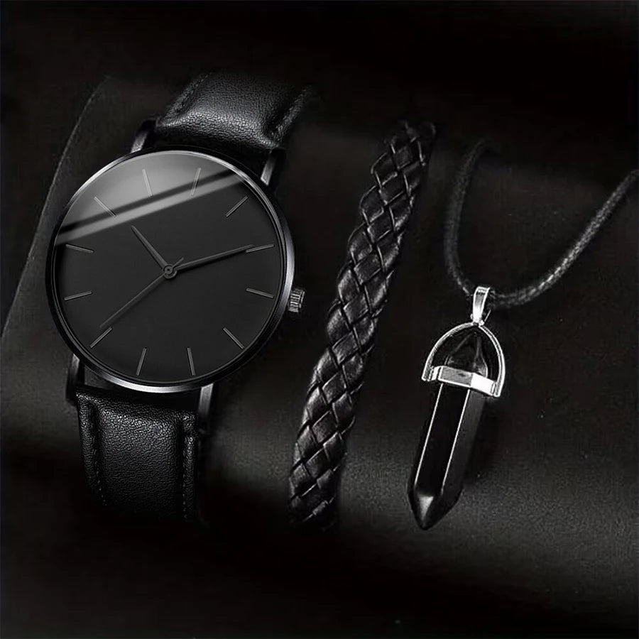 3PCS/Set Men Business Watches Casual Leather Band Analog Male's Quartz Watch Necklace Bracelet Set
