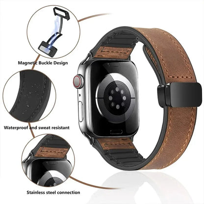 Leather Strap For Apple Watch Band 49mm 44 45 42mm 40 46 38 41mm Magnetic Bracelet Correa Men IWatch Ultra Series 10 9 8 7 SE 6