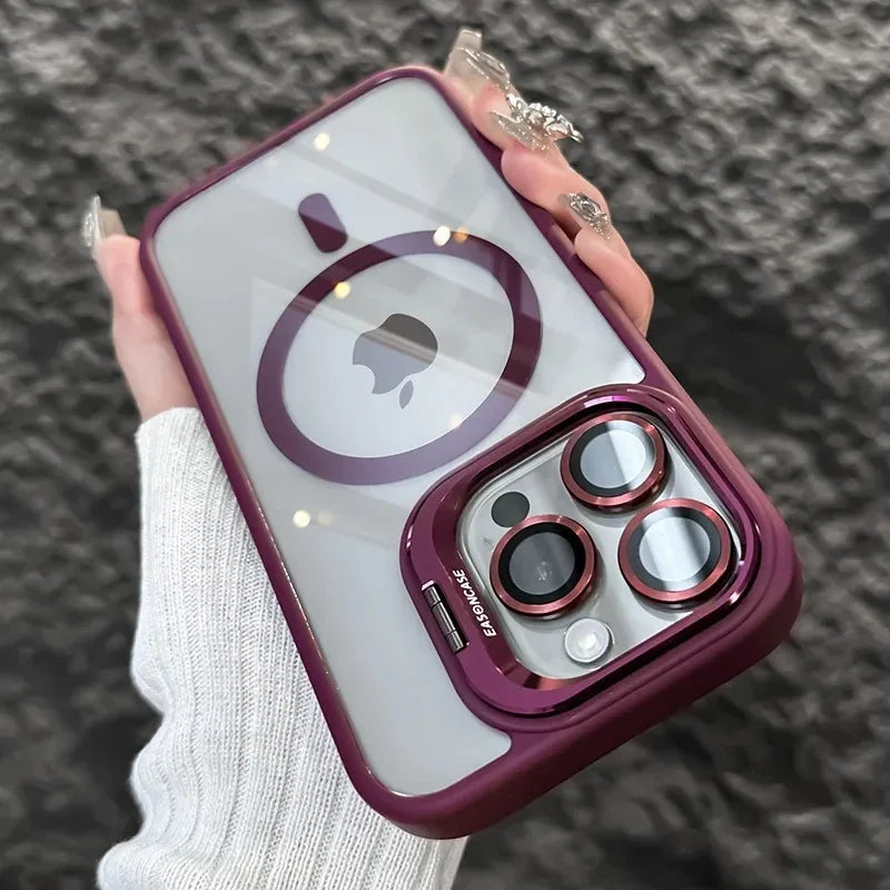 Luxury Magnetic Shockproof Phone Case For iPhone 15 14 13 12 11 16 Pro Max 16 Plus 16E Funda Stand Glass Lens Protection Cover